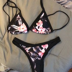 Black and pink floral string bikini